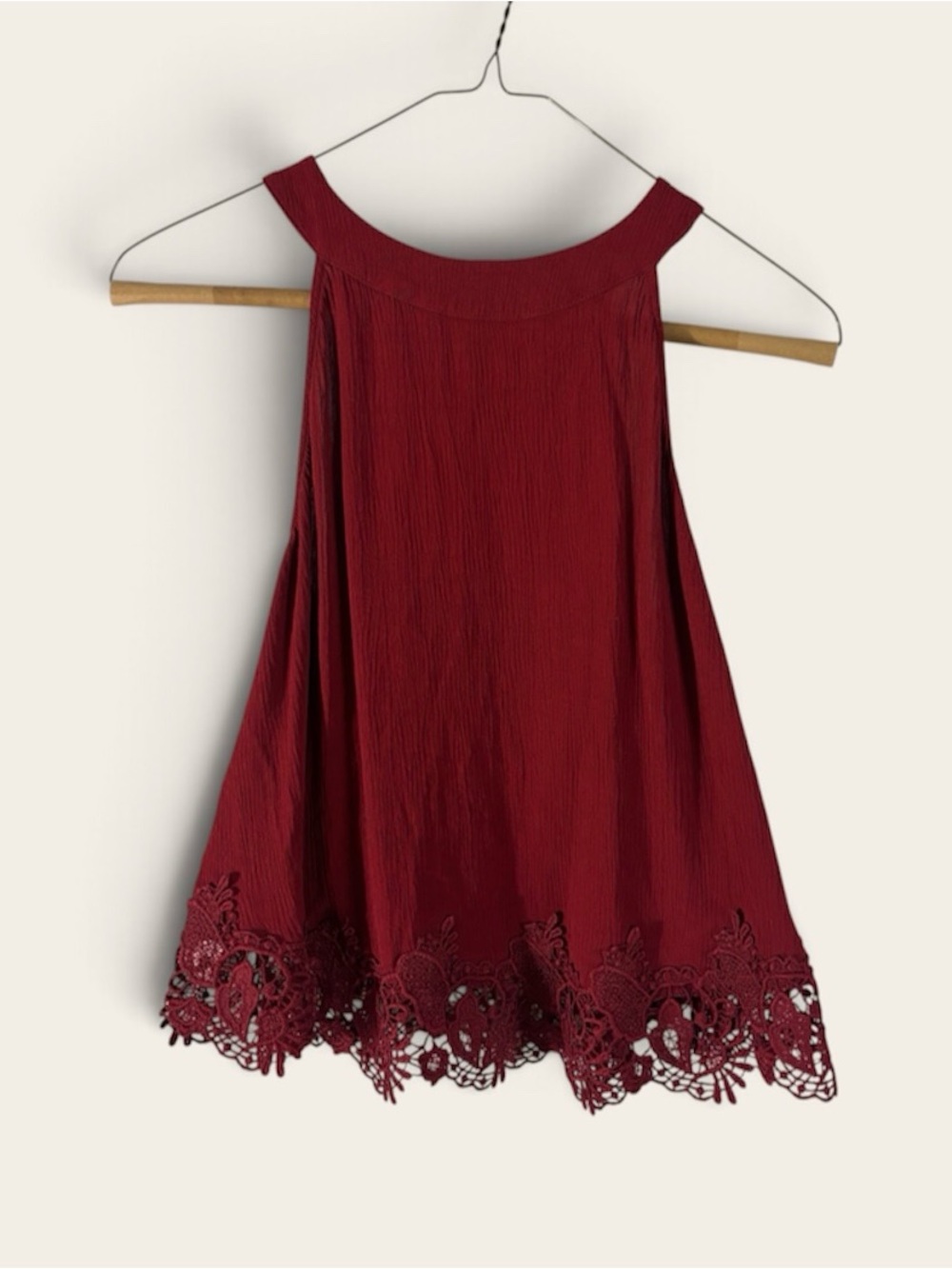 Abercrombie & Fitch Burgundy Red Crochet Lace Hem High Neck Halter Tank Top S